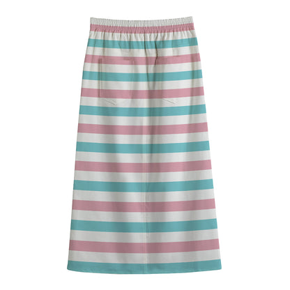 Pink And Teal Striped Pattern Print Cotton Front Slit Maxi Skirt