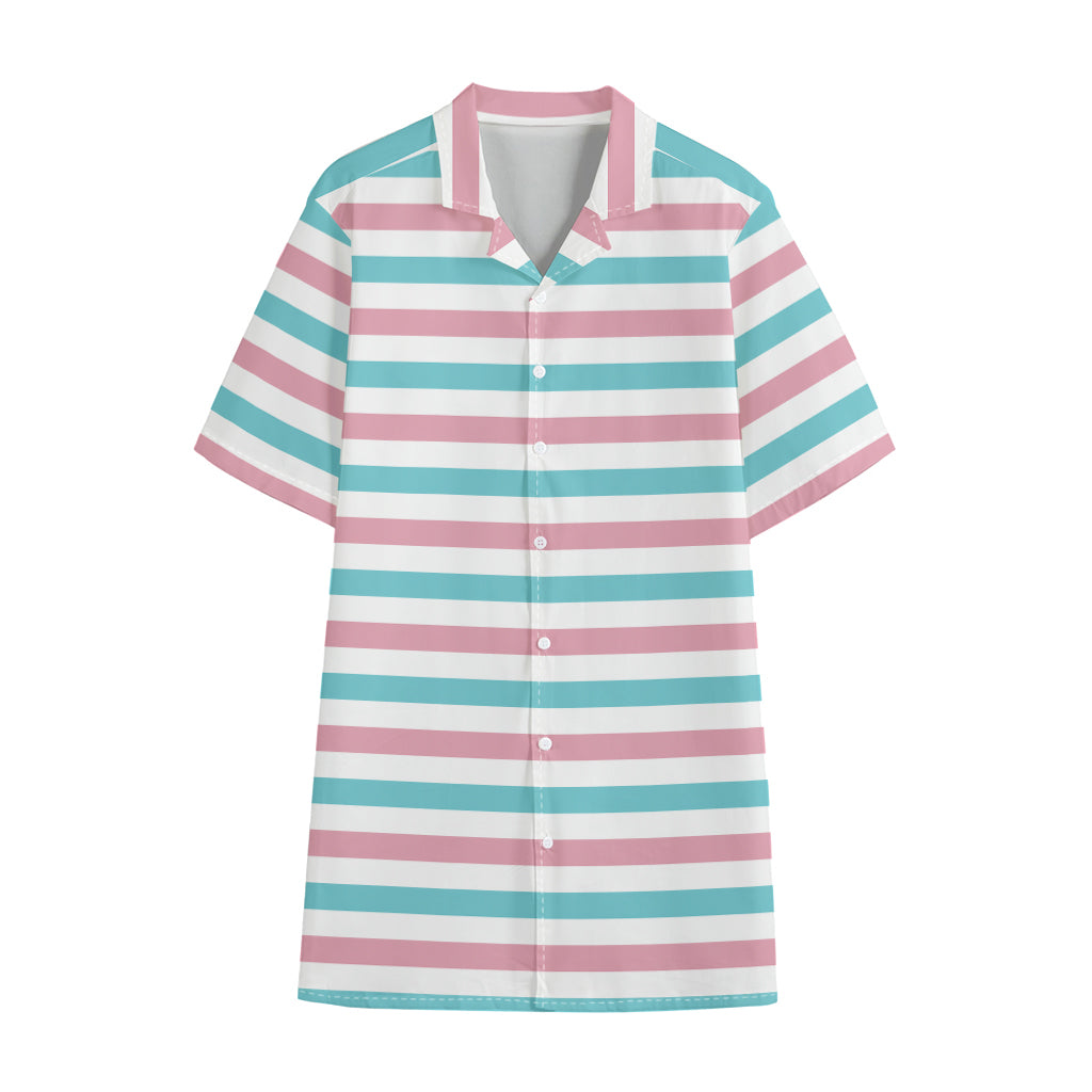 Pink And Teal Striped Pattern Print Cotton Hawaiian Shirt