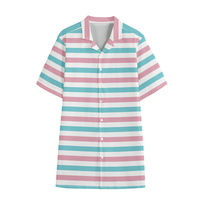 Pink And Teal Striped Pattern Print Cotton Hawaiian Shirt