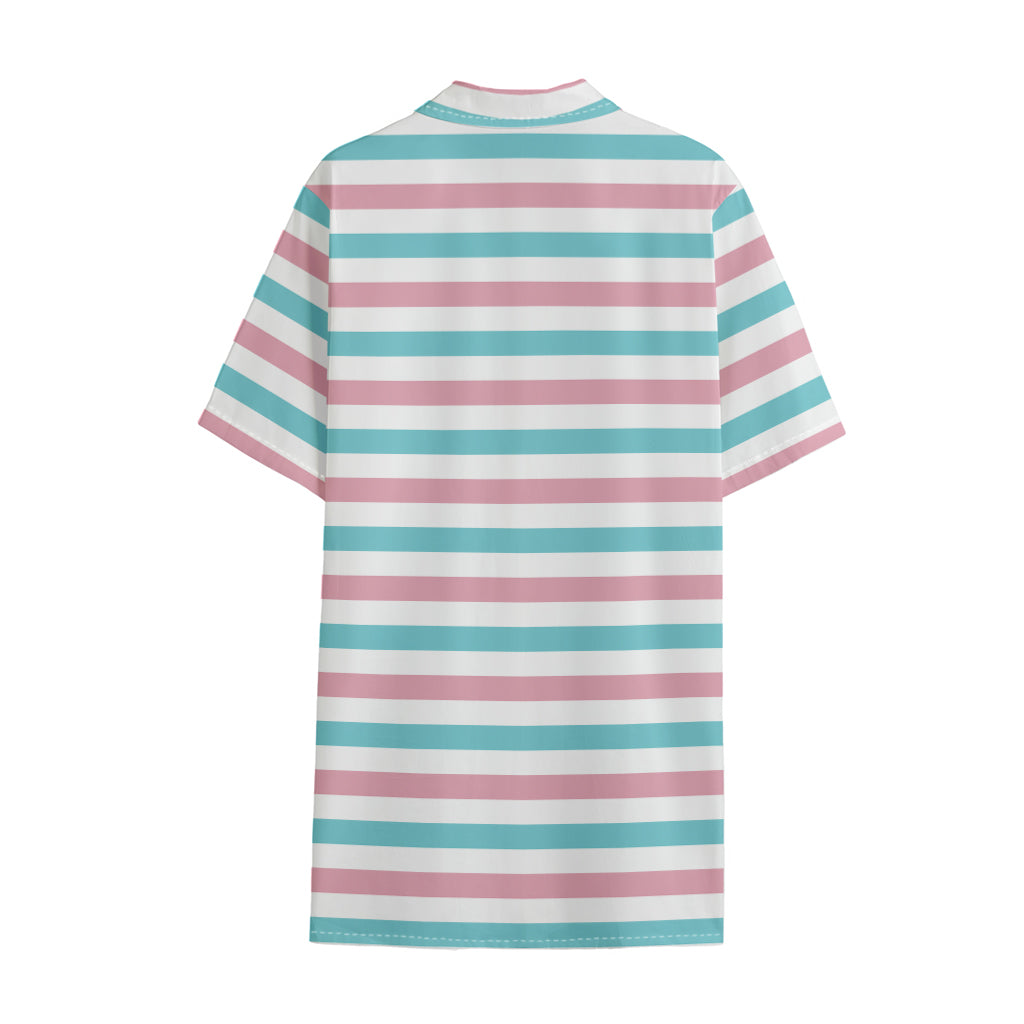 Pink And Teal Striped Pattern Print Cotton Hawaiian Shirt
