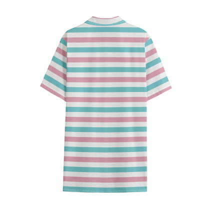 Pink And Teal Striped Pattern Print Cotton Hawaiian Shirt