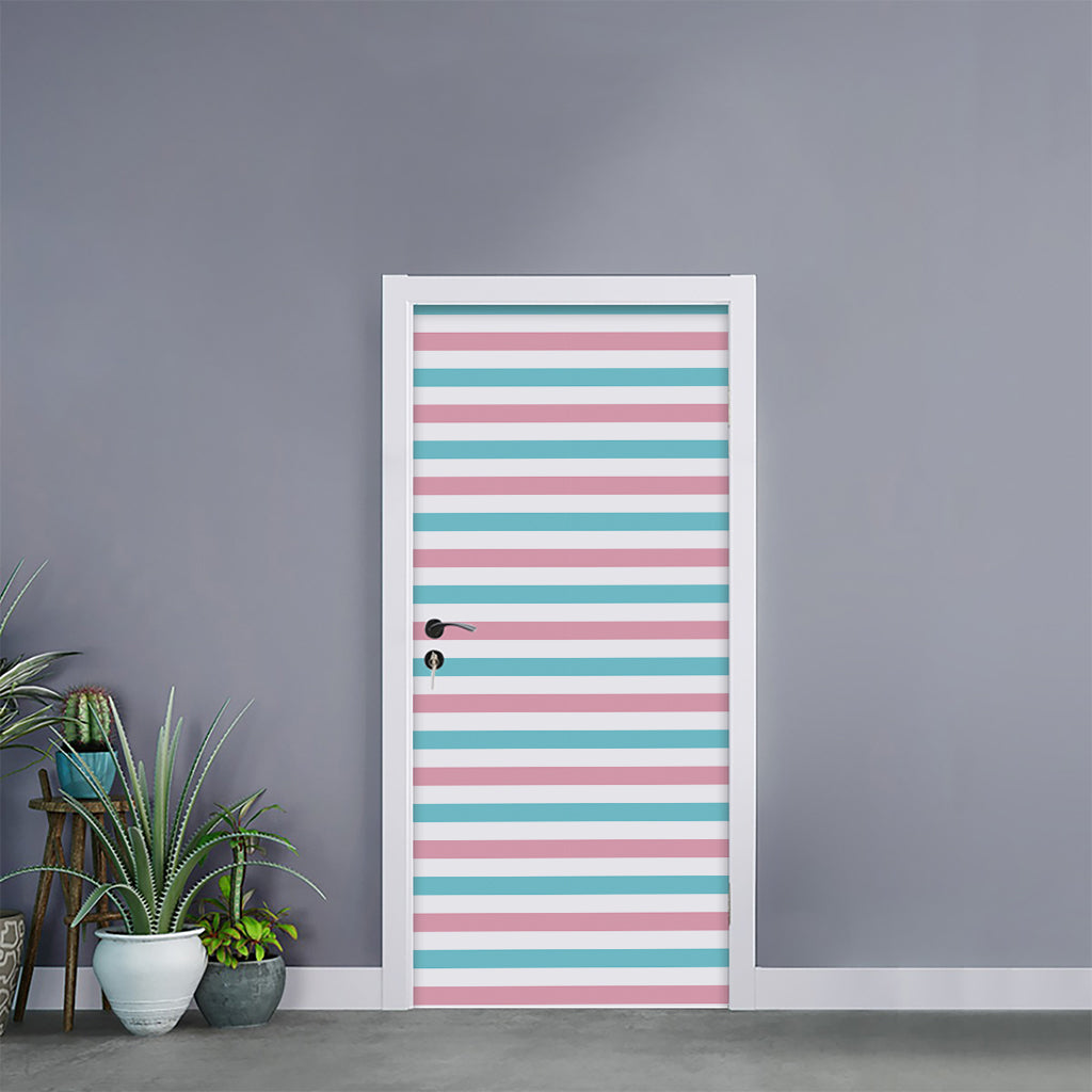 Pink And Teal Striped Pattern Print Door Sticker