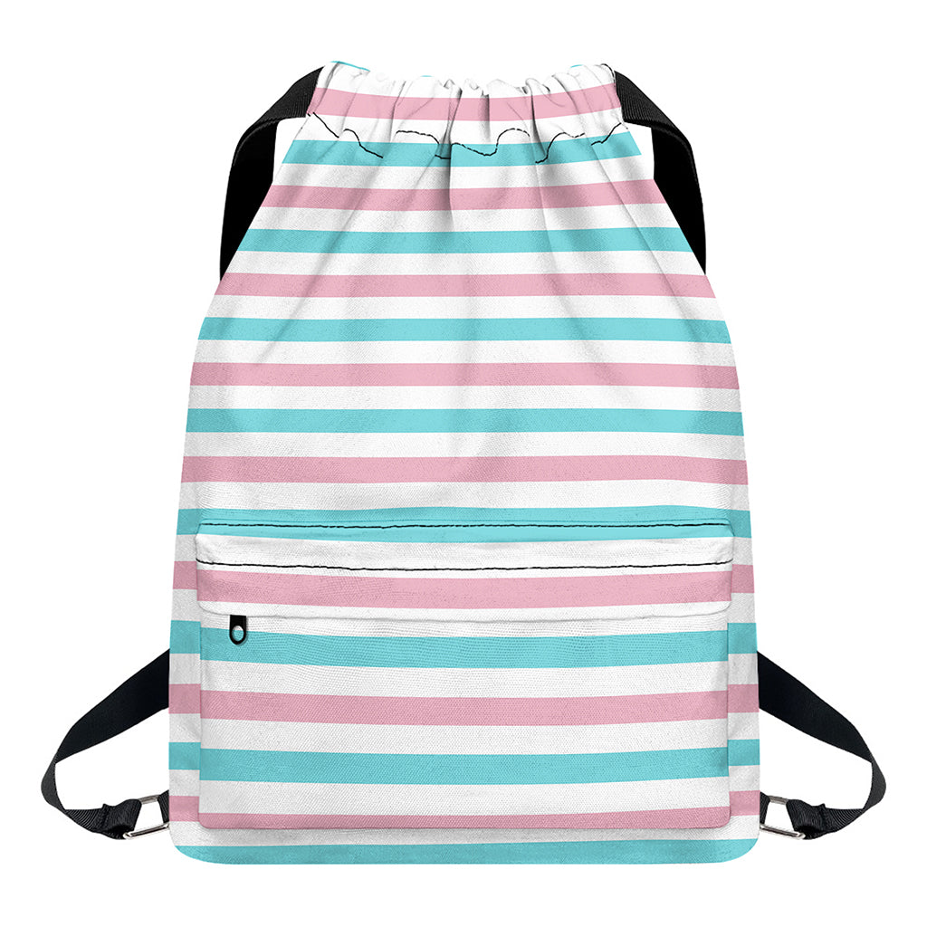 Pink And Teal Striped Pattern Print Drawstring Backpack
