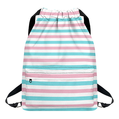 Pink And Teal Striped Pattern Print Drawstring Backpack
