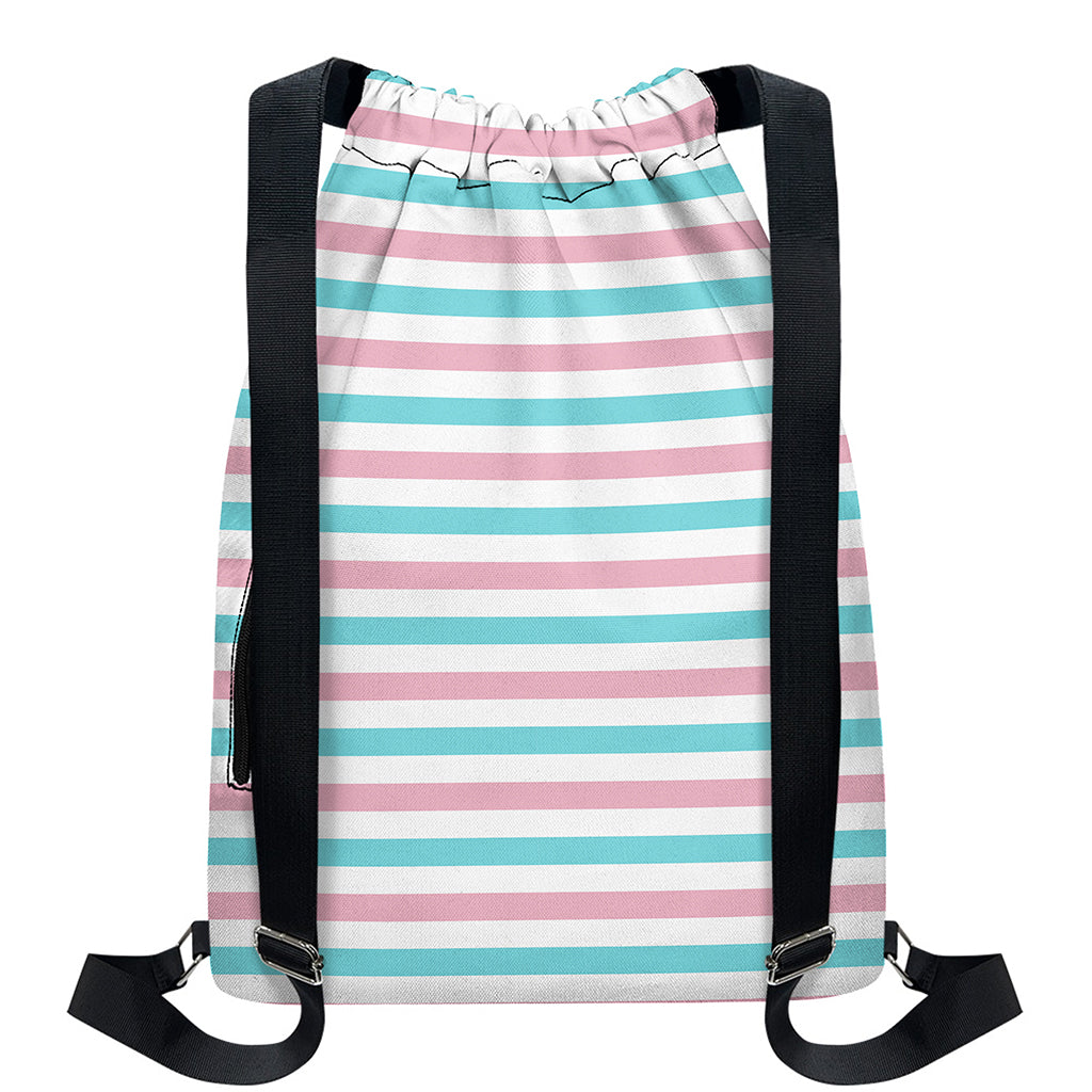 Pink And Teal Striped Pattern Print Drawstring Backpack