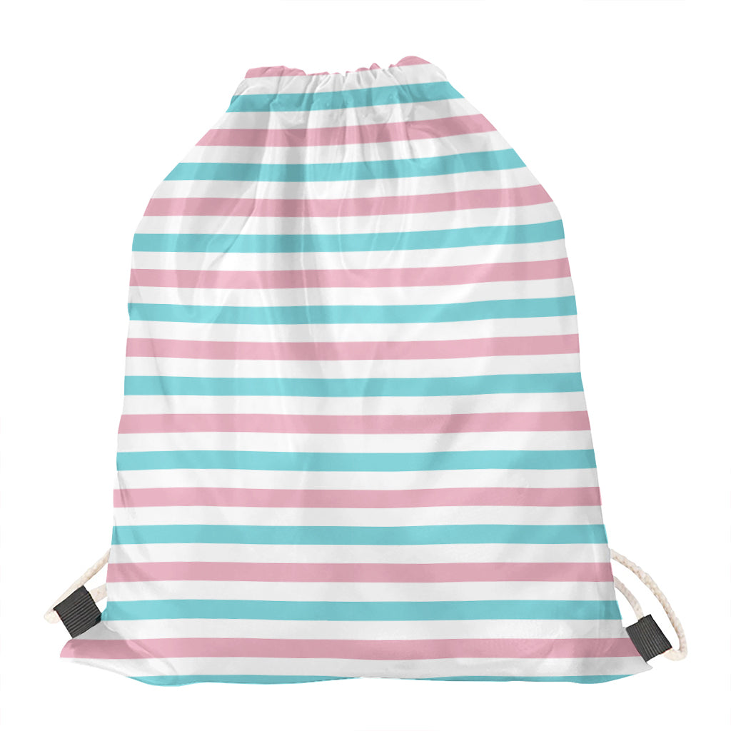 Pink And Teal Striped Pattern Print Drawstring Bag