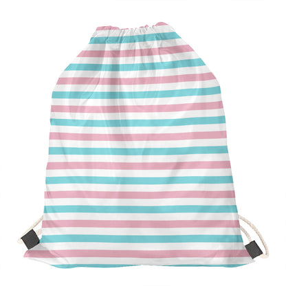 Pink And Teal Striped Pattern Print Drawstring Bag