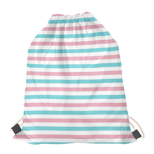 Pink And Teal Striped Pattern Print Drawstring Bag