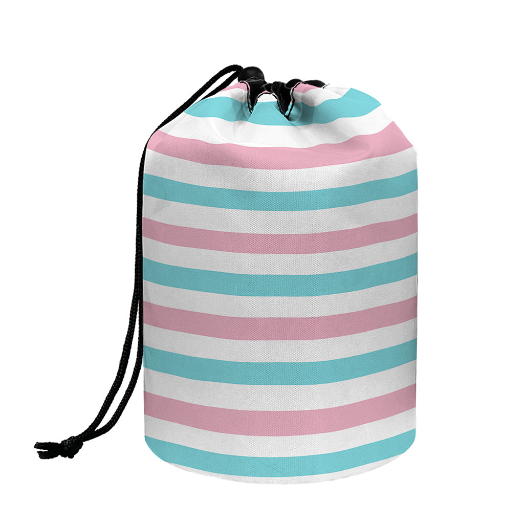 Pink And Teal Striped Pattern Print Drawstring Makeup Bag