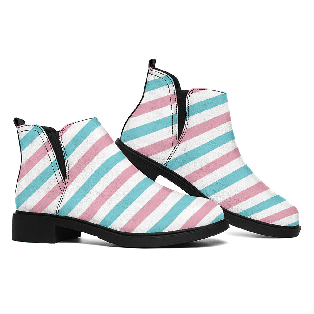 Pink And Teal Striped Pattern Print Flat Ankle Boots