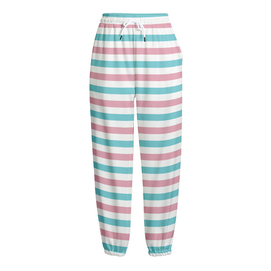 Pink And Teal Striped Pattern Print Fleece Lined Knit Pants
