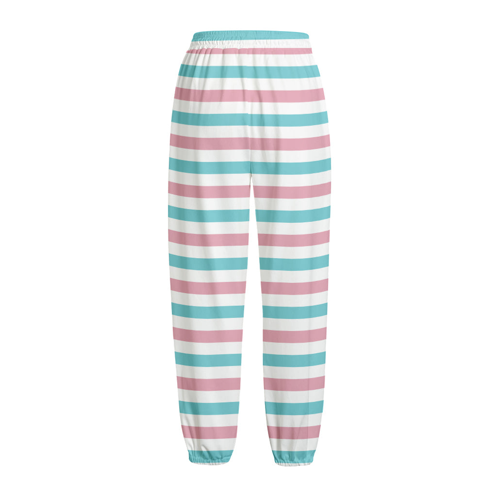 Pink And Teal Striped Pattern Print Fleece Lined Knit Pants