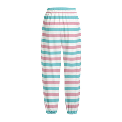 Pink And Teal Striped Pattern Print Fleece Lined Knit Pants