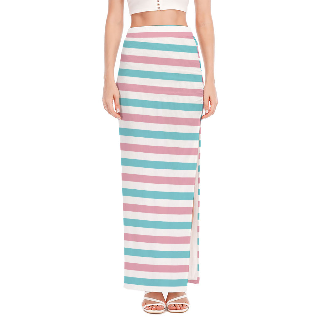 Pink And Teal Striped Pattern Print High Slit Maxi Skirt
