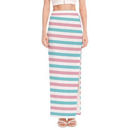 Pink And Teal Striped Pattern Print High Slit Maxi Skirt