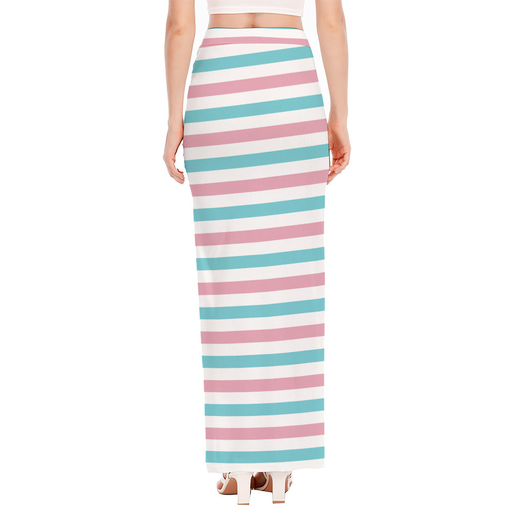 Pink And Teal Striped Pattern Print High Slit Maxi Skirt