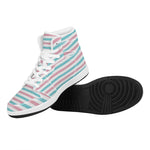 Pink And Teal Striped Pattern Print High Top Leather Sneakers