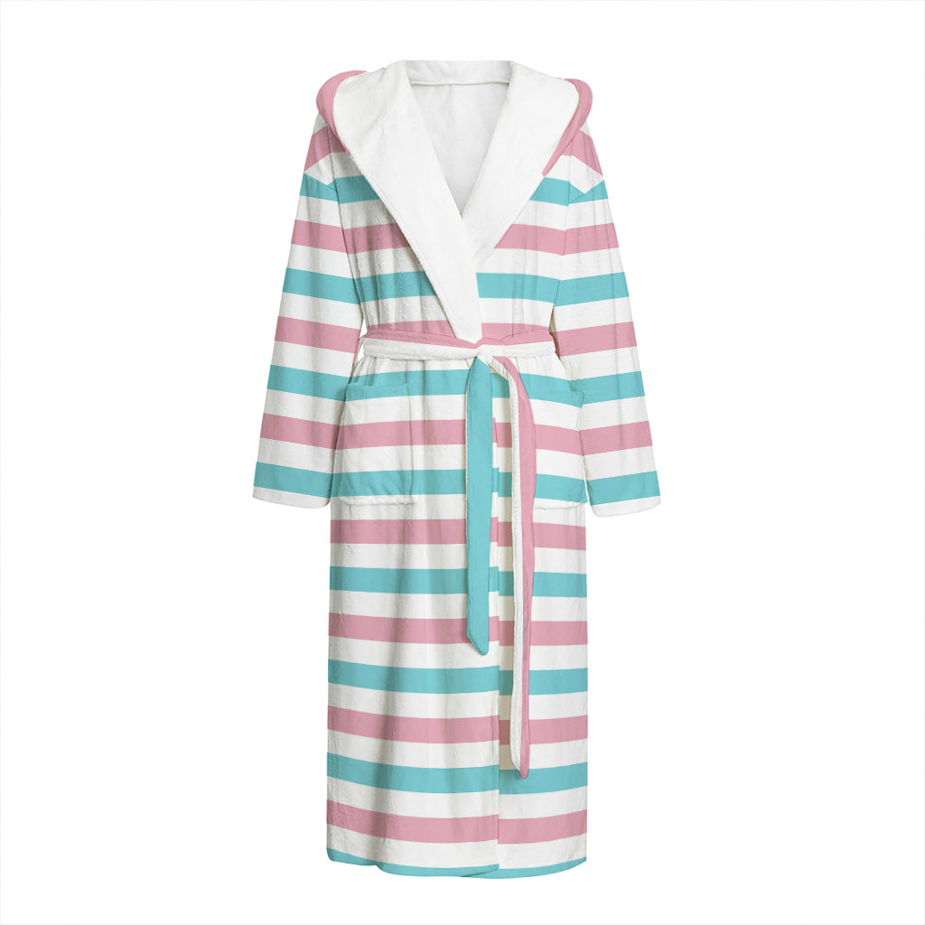 Pink And Teal Striped Pattern Print Hooded Bathrobe