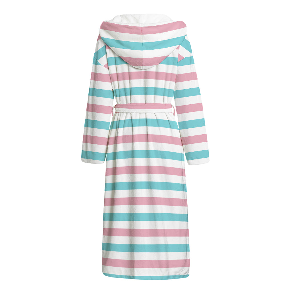Pink And Teal Striped Pattern Print Hooded Bathrobe