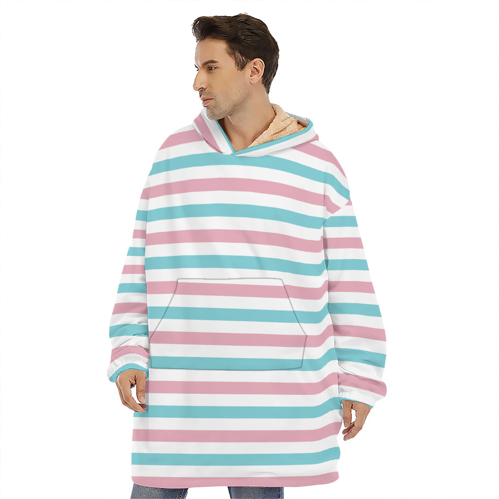 Pink And Teal Striped Pattern Print Hoodie Blanket