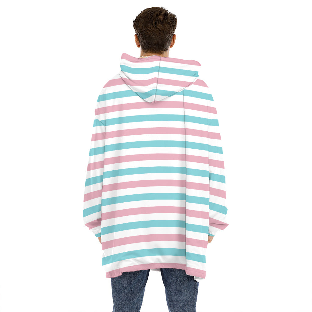 Pink And Teal Striped Pattern Print Hoodie Blanket
