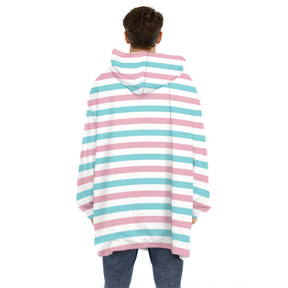 Pink And Teal Striped Pattern Print Hoodie Blanket