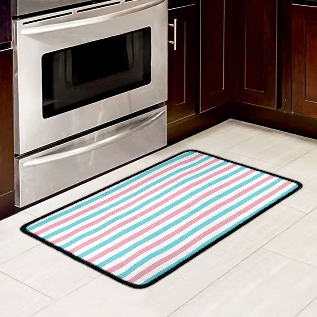 Pink And Teal Striped Pattern Print Kitchen Mat