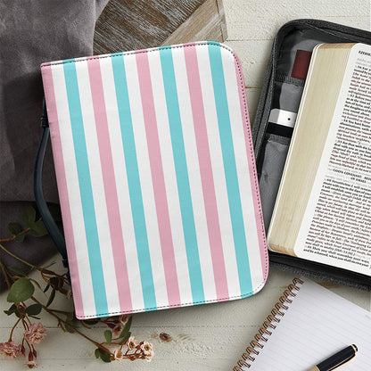 Pink And Teal Striped Pattern Print Leather Bible Cover
