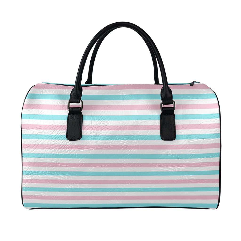 Pink And Teal Striped Pattern Print Leather Duffle Bag