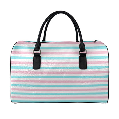 Pink And Teal Striped Pattern Print Leather Duffle Bag