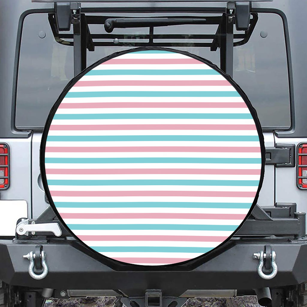 Pink And Teal Striped Pattern Print Leather Spare Tire Cover