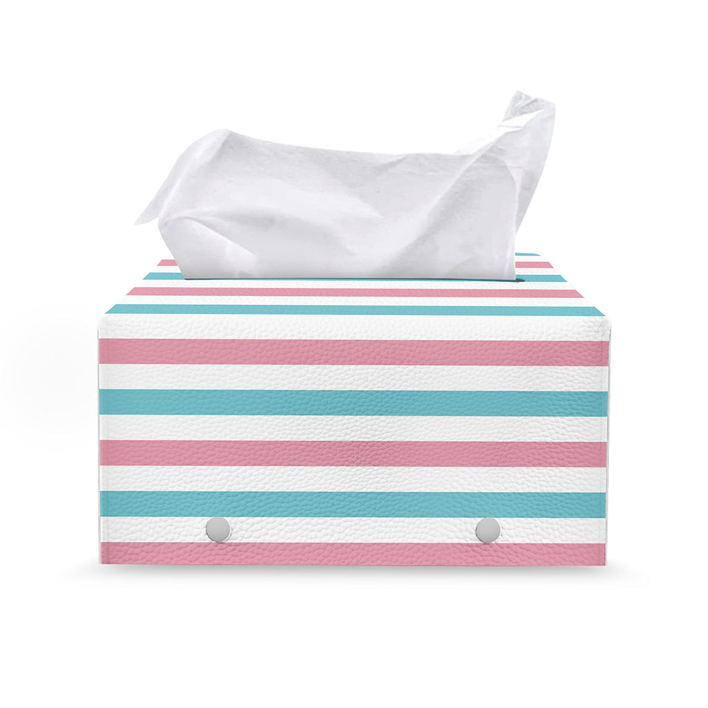 Pink And Teal Striped Pattern Print Leather Tissue Box Cover