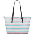 Pink And Teal Striped Pattern Print Leather Tote Bag With Zipper