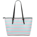 Pink And Teal Striped Pattern Print Leather Tote Bag