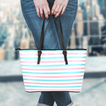 Pink And Teal Striped Pattern Print Leather Tote Bag