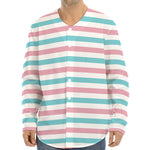Pink And Teal Striped Pattern Print Long Sleeve Baseball Jersey