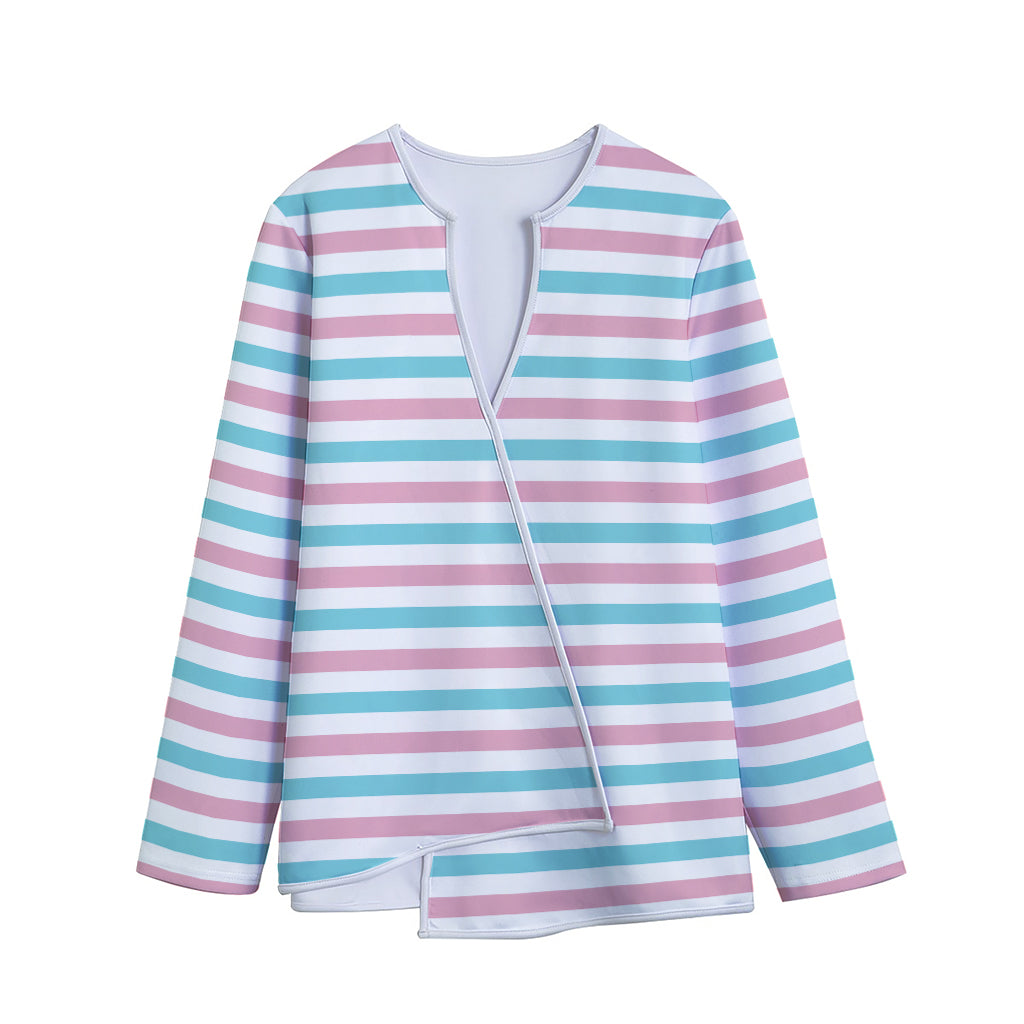 Pink And Teal Striped Pattern Print Long Sleeve Short Coat