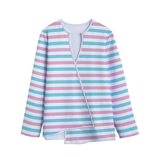 Pink And Teal Striped Pattern Print Long Sleeve Short Coat
