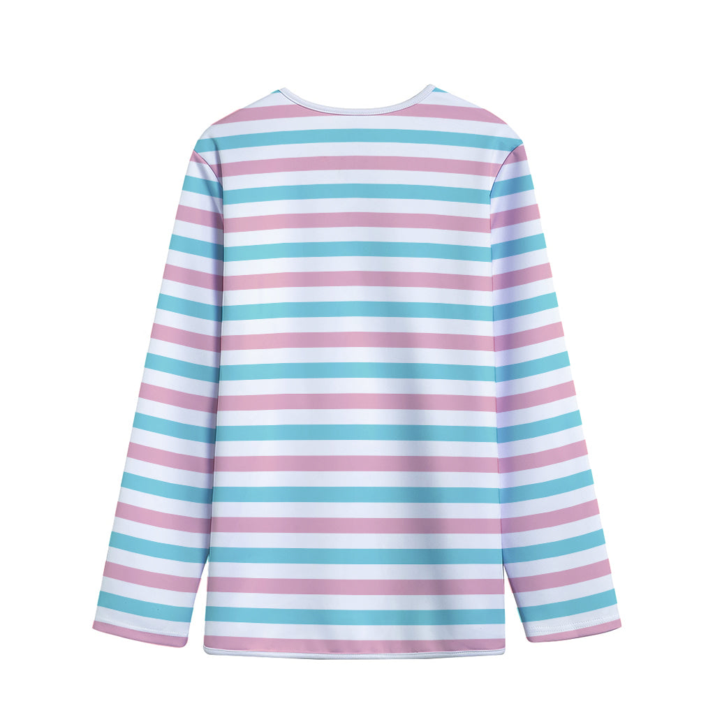 Pink And Teal Striped Pattern Print Long Sleeve Short Coat