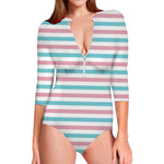 Pink And Teal Striped Pattern Print Long Sleeve Swimsuit