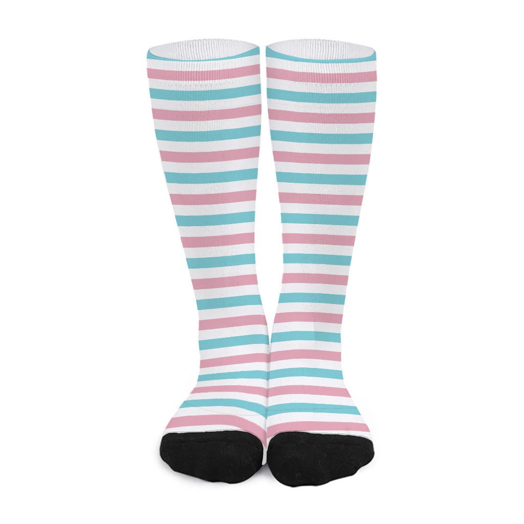 Pink And Teal Striped Pattern Print Long Socks