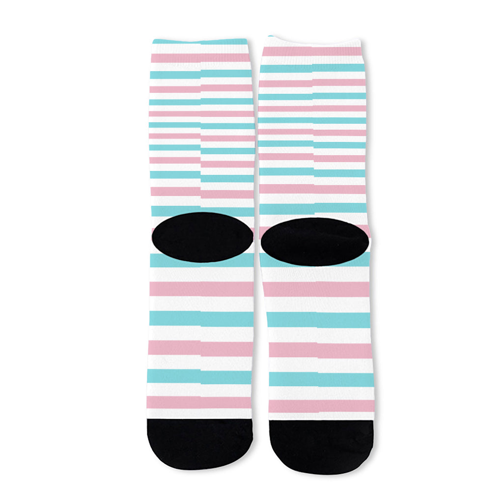 Pink And Teal Striped Pattern Print Long Socks
