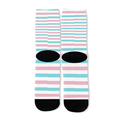 Pink And Teal Striped Pattern Print Long Socks