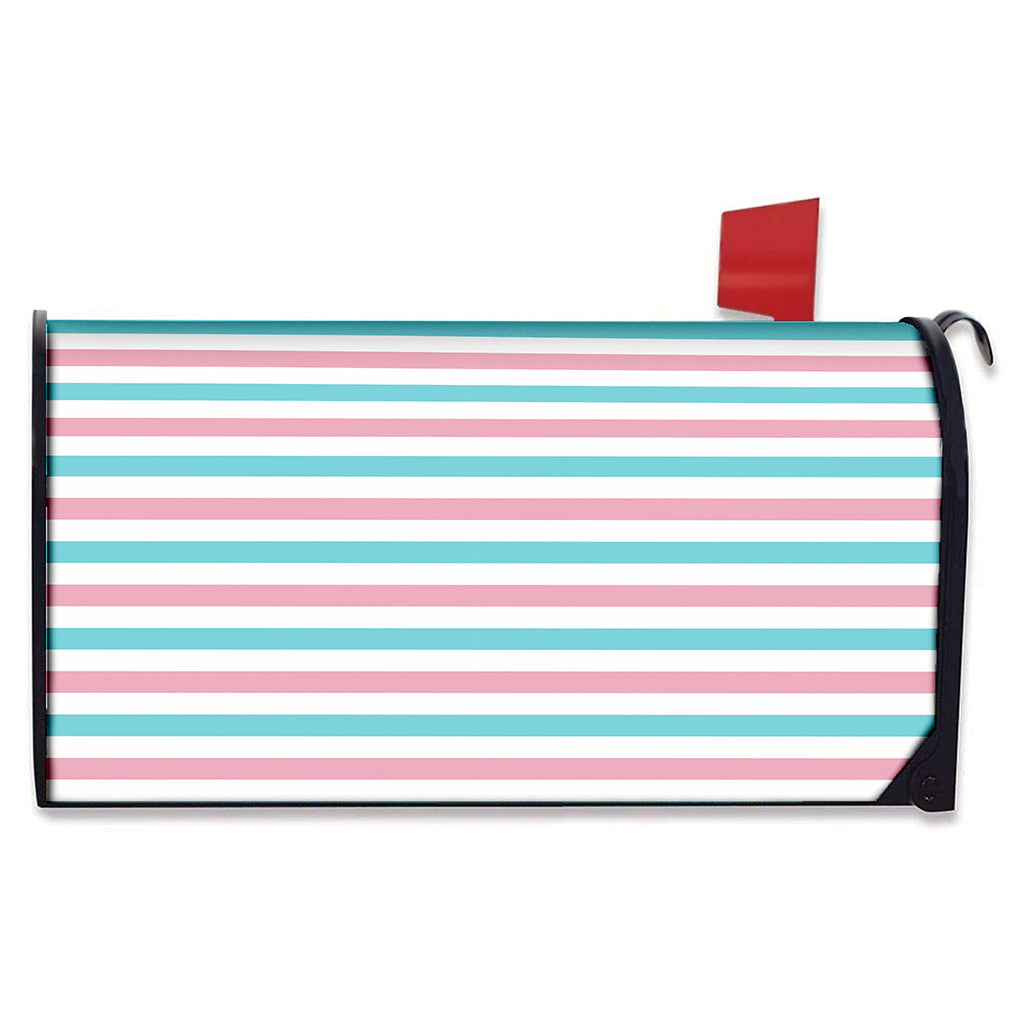Pink And Teal Striped Pattern Print Mailbox Cover