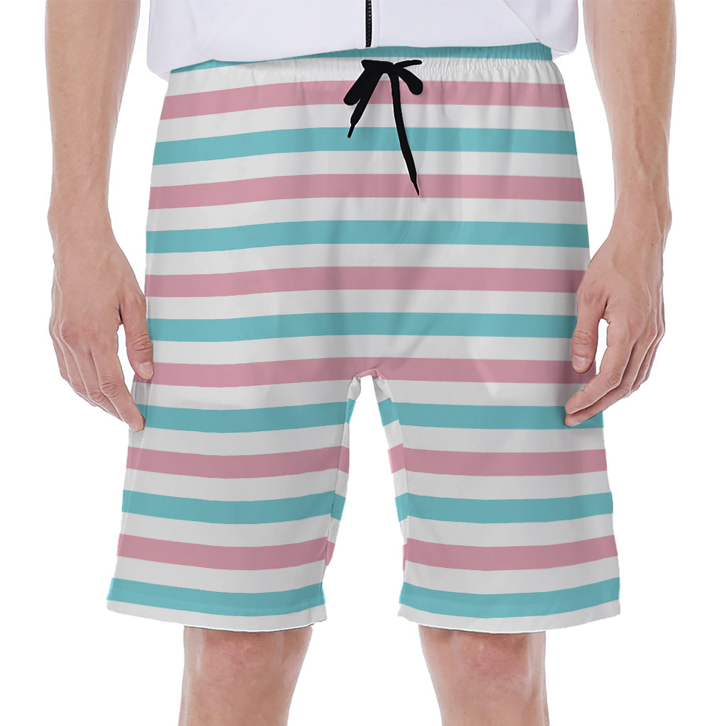 Pink And Teal Striped Pattern Print Men's Beach Shorts