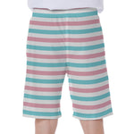 Pink And Teal Striped Pattern Print Men's Beach Shorts