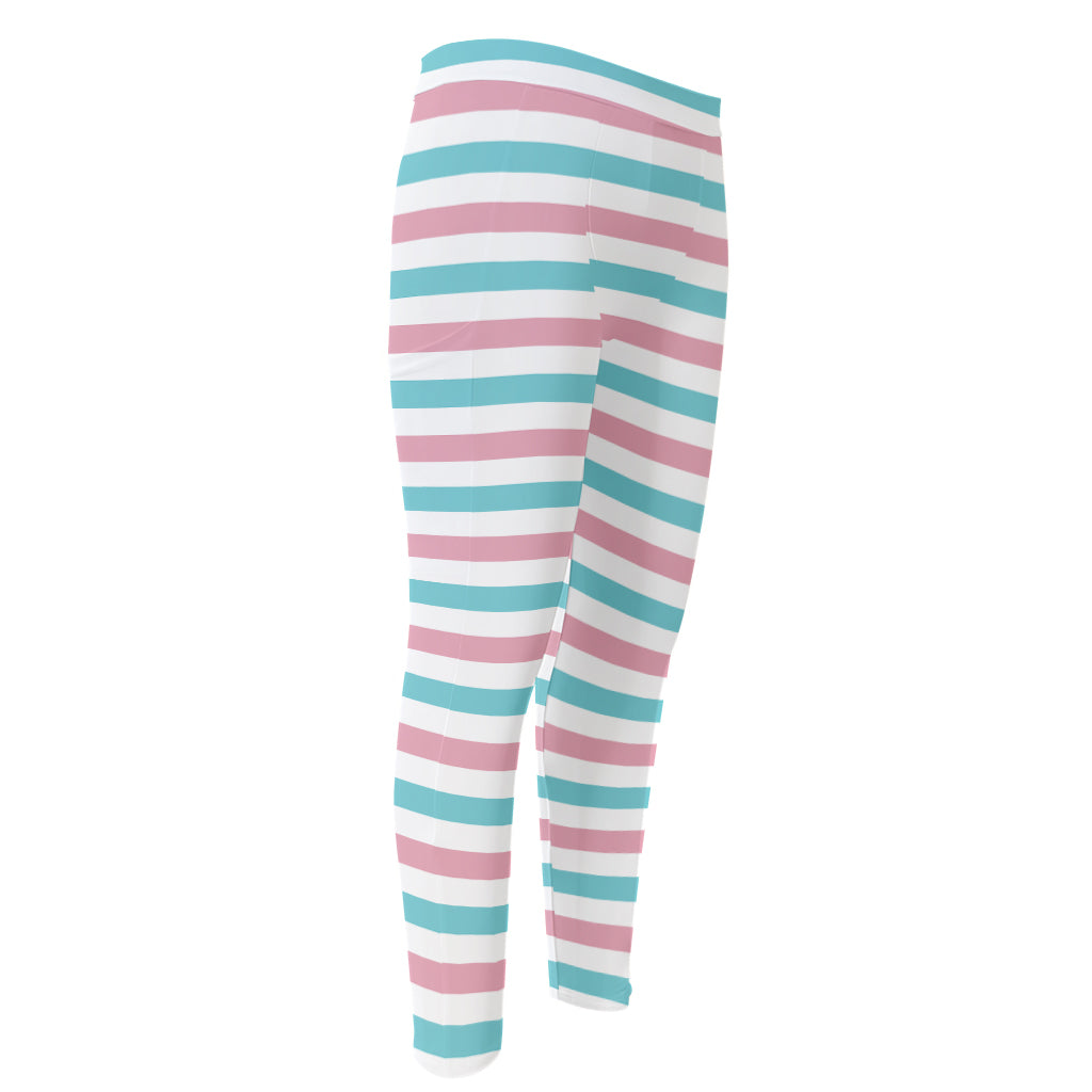 Pink And Teal Striped Pattern Print Men's Compression Pants