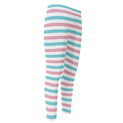 Pink And Teal Striped Pattern Print Men's Compression Pants