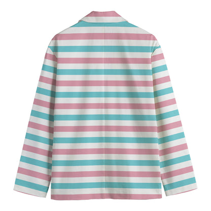 Pink And Teal Striped Pattern Print Men's Cotton Blazer