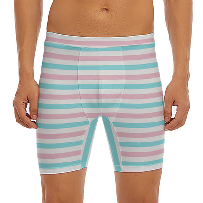 Pink And Teal Striped Pattern Print Men's Long Boxer Briefs